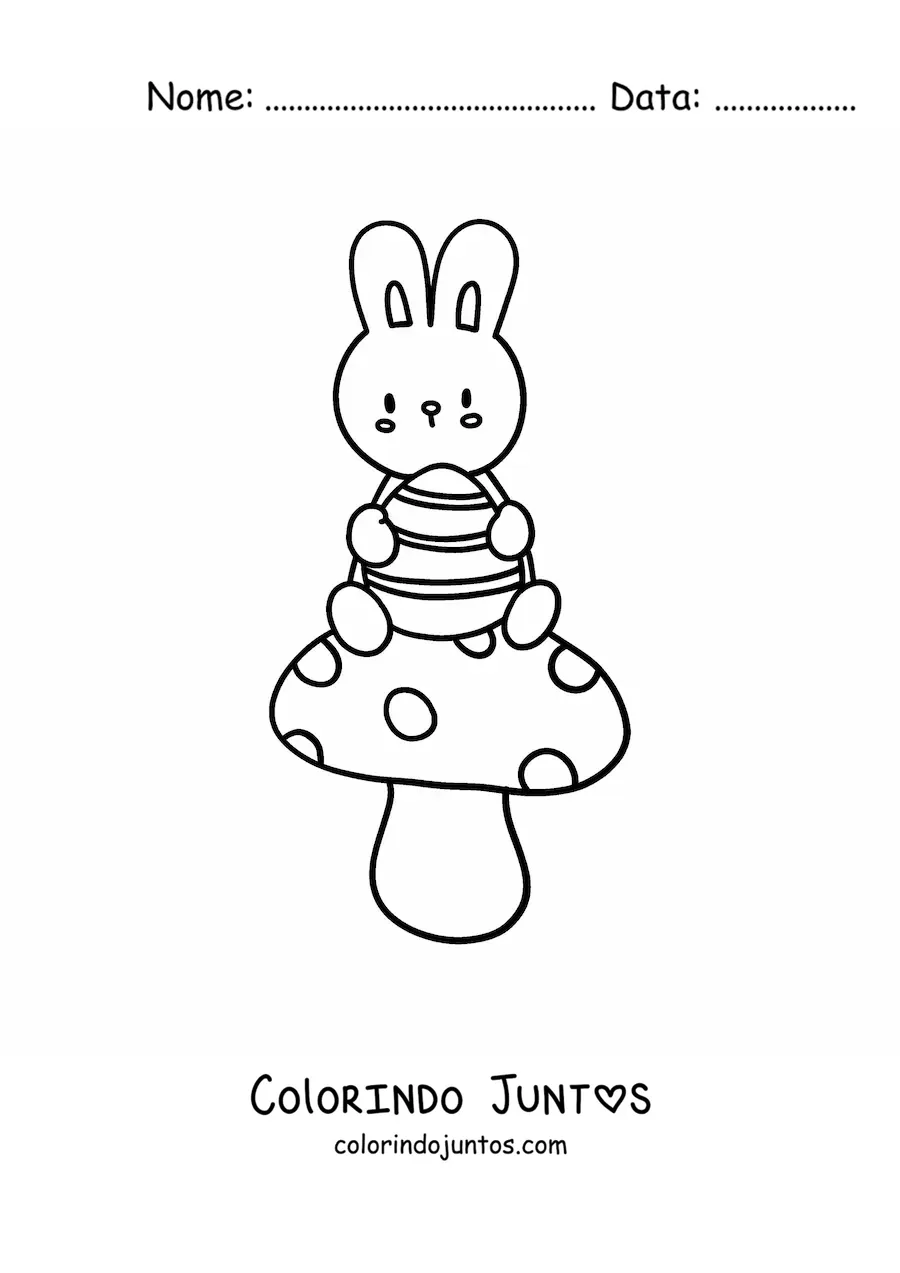 Desenho para colorir de coelho kawaii sentado em um cogumelo com um ovo de Páscoa