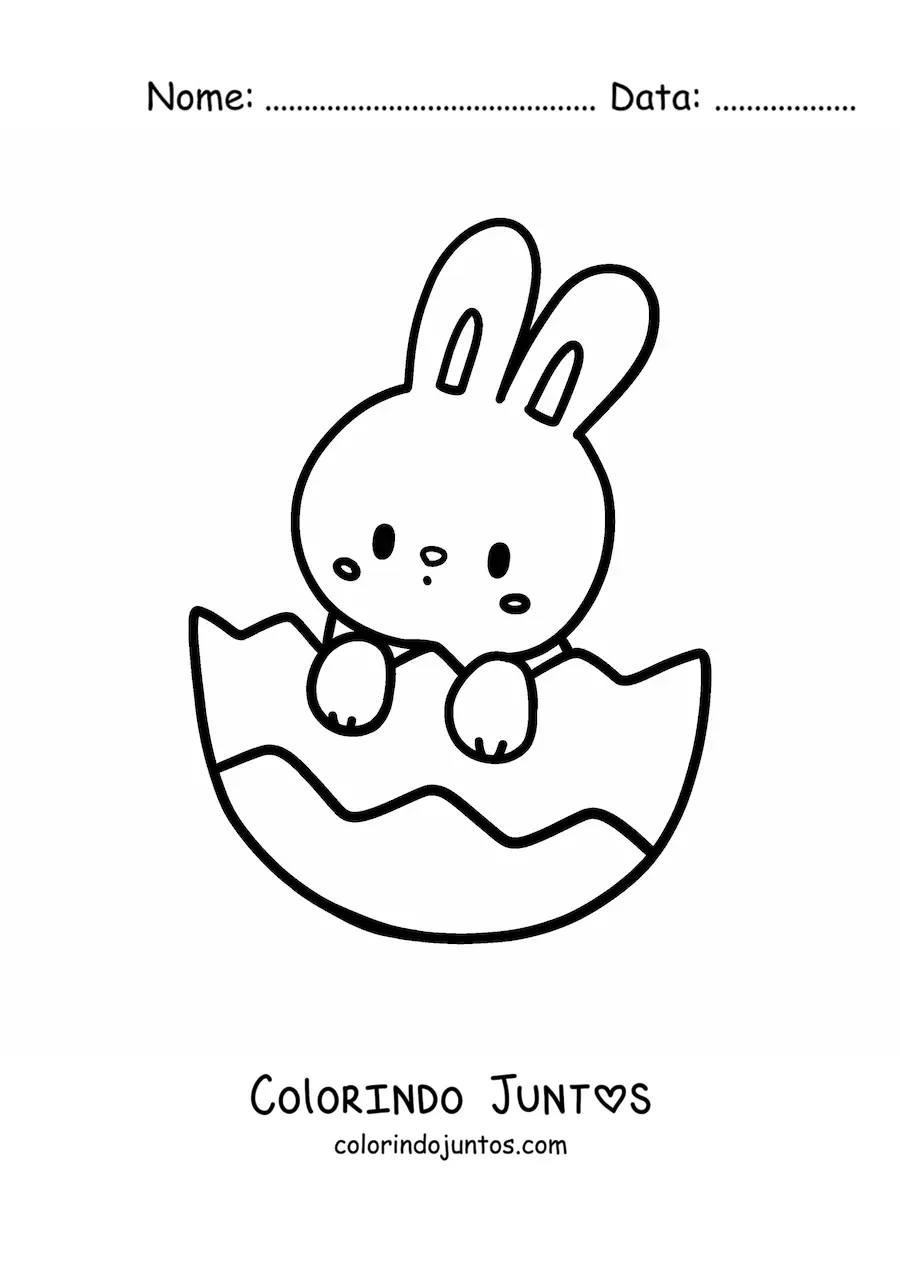 Desenho para colorir de coelho fofo saindo de um ovo de Páscoa
