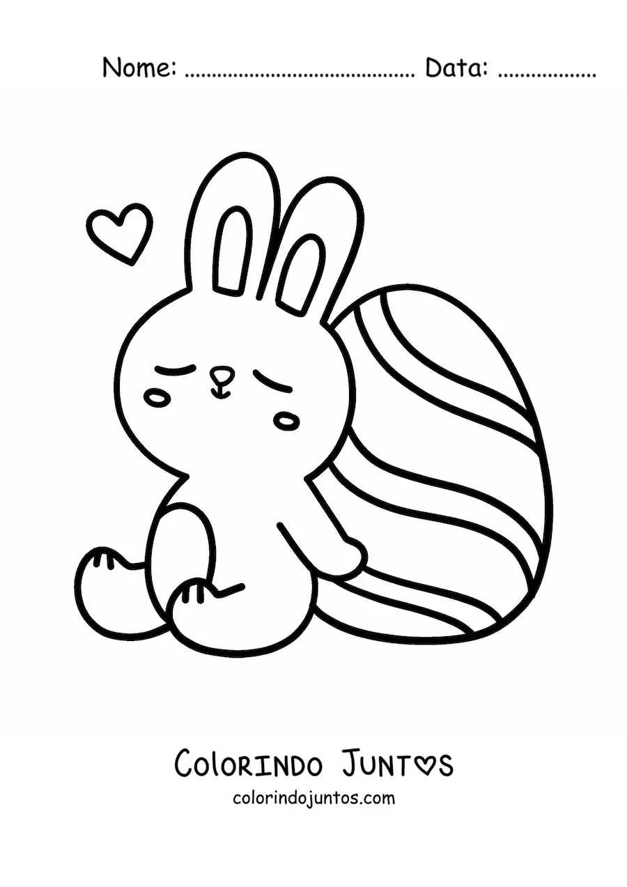 Desenho para colorir de coelho fofo sentado ao lado de um ovo de Páscoa