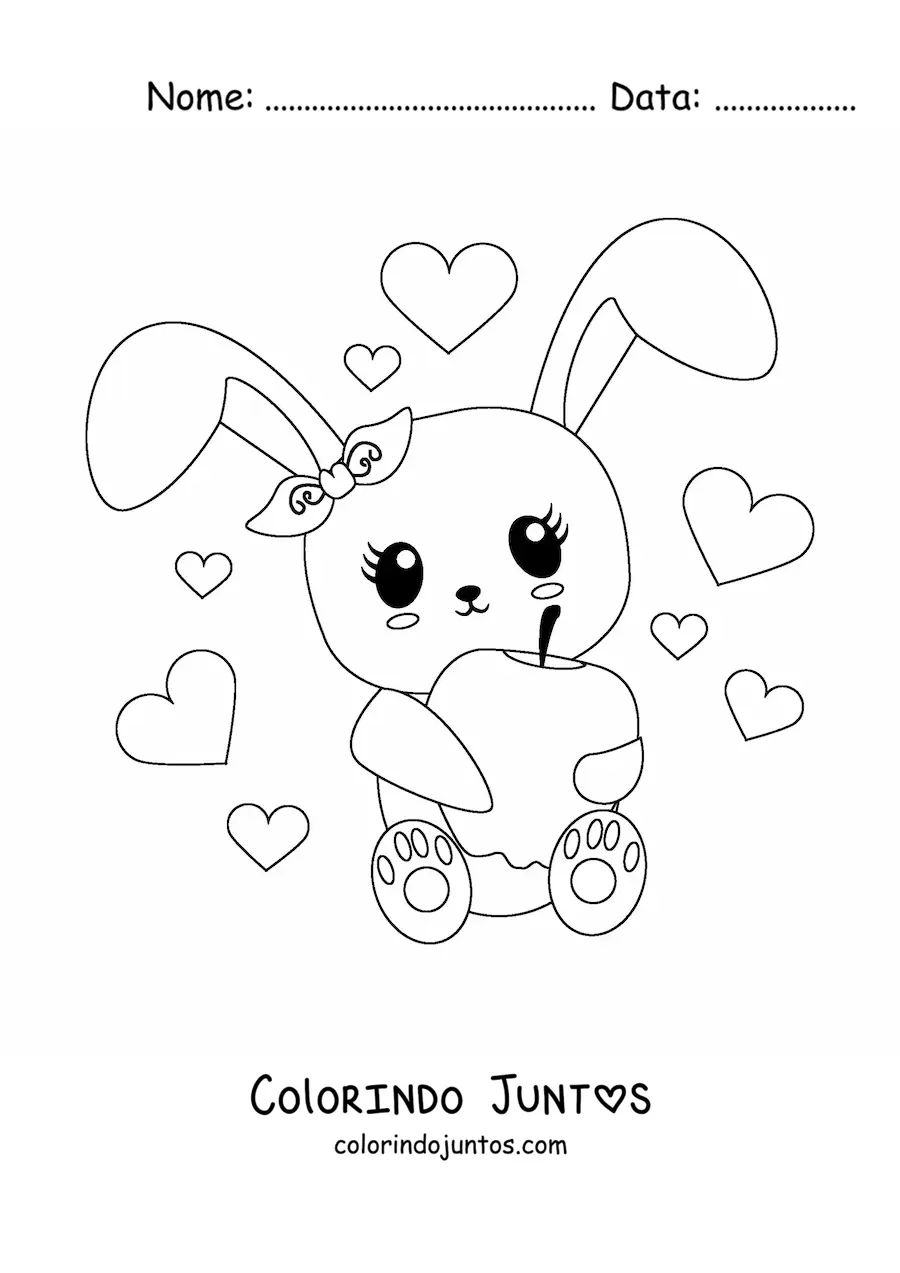 Desenho para colorir de coelho kawaii animado sentado com uma maçã e corações ao fundo