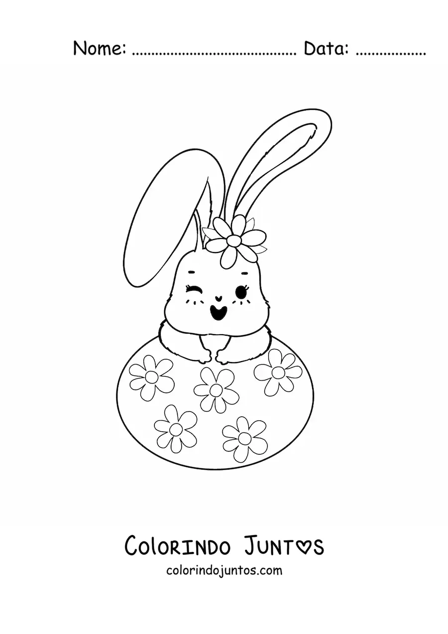 Desenho para colorir de coelhinho fofo animado com ovo de Páscoa