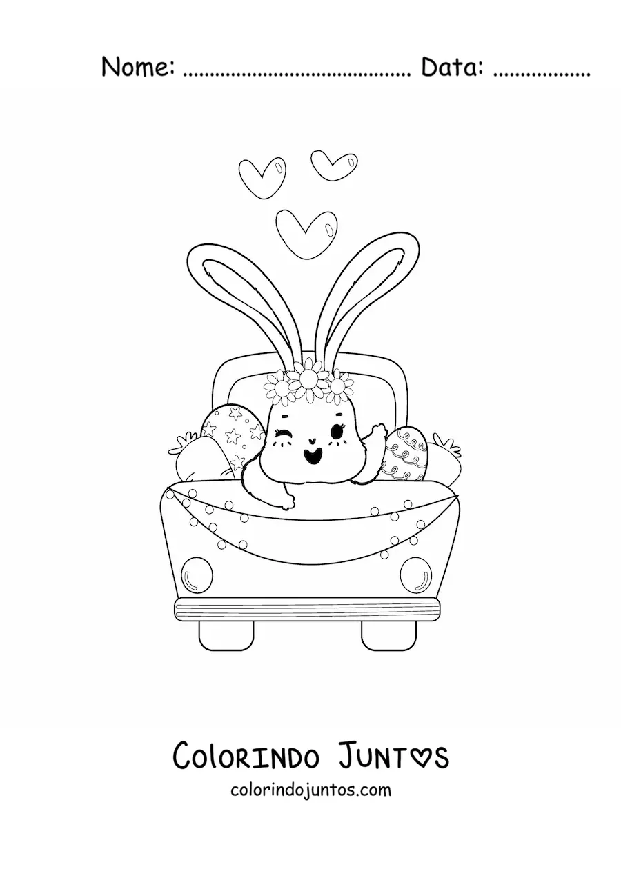 Desenho para colorir de coelhinho fofo animado em um carro com ovos de Páscoa