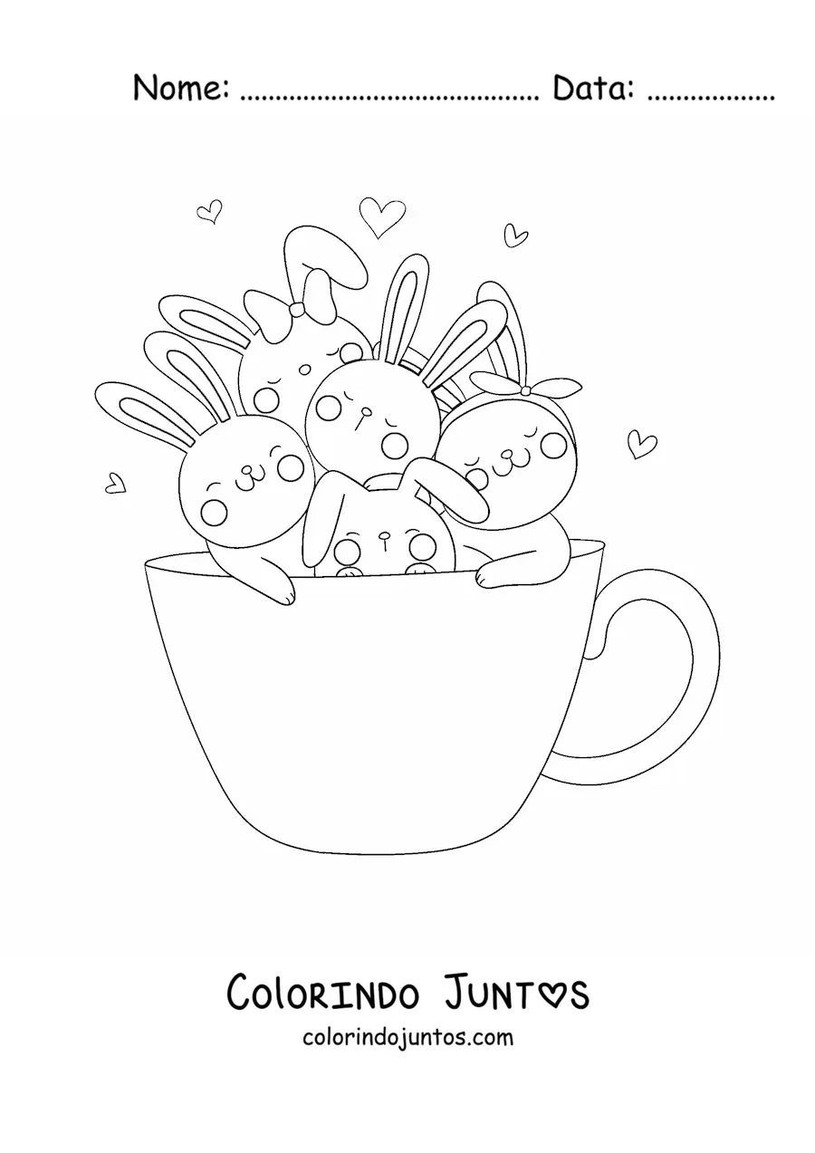 Desenho para colorir de coelhos kawaii animados em uma xícara