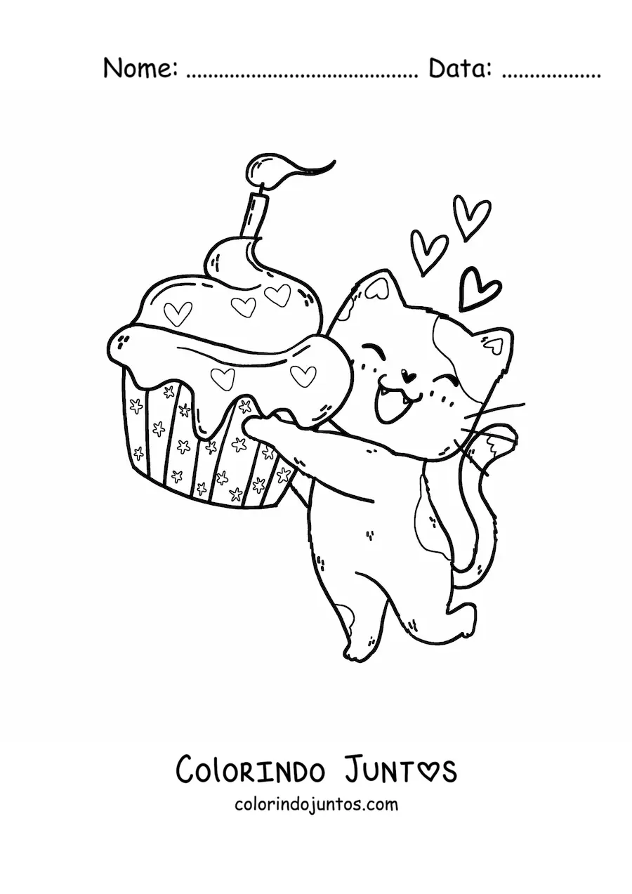 Desenho para colorir de gatinho kawaii com um cupcake de aniversário