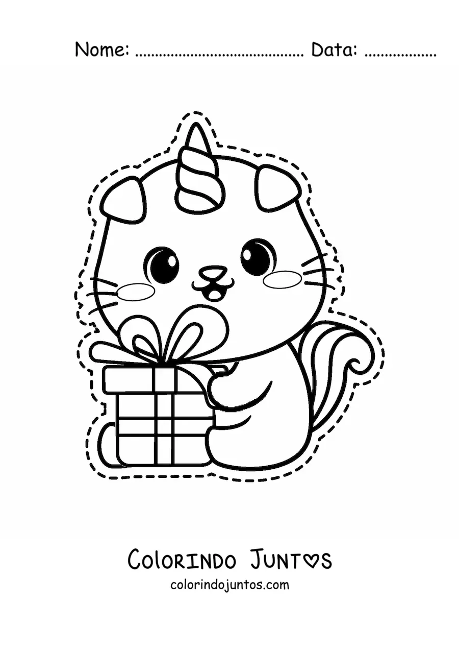 Desenho para colorir de gaticórnio kawaii com um presente de aniversário
