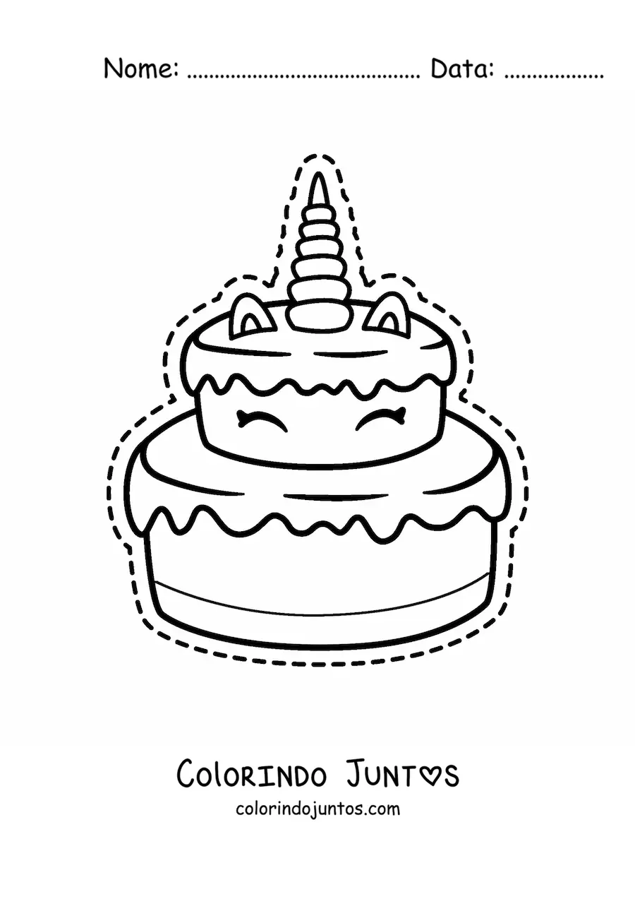 Desenho para colorir de bolo kawaii de unicórnio grande