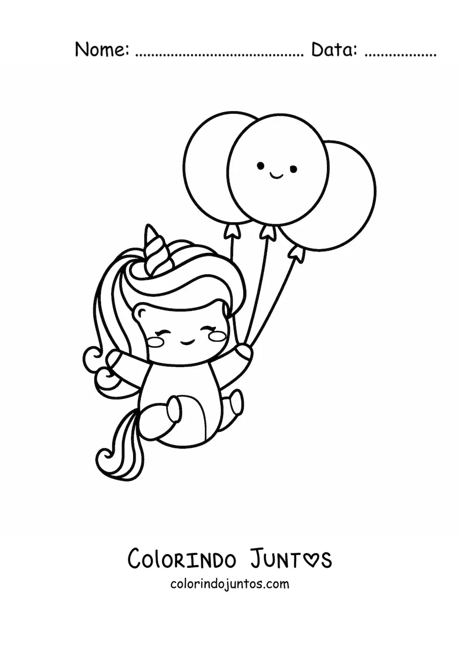 Desenho para colorir de unicórnio kawaii com balões de aniversário