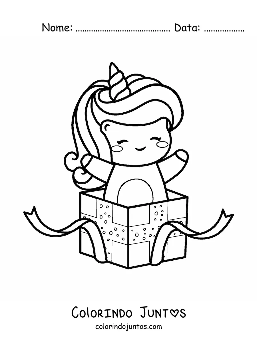 Desenho para colorir de unicórnio kawaii em uma caixa de presente de aniversário