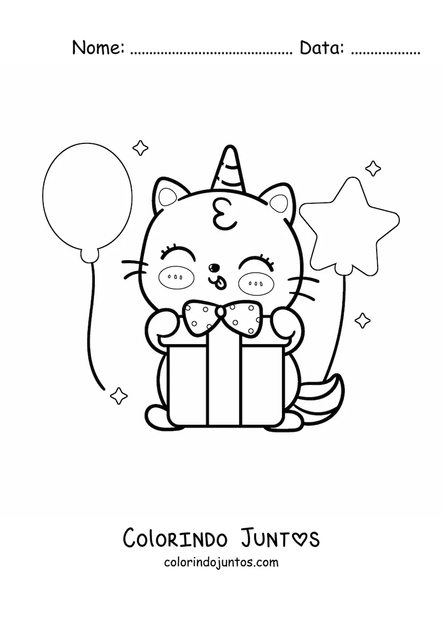 Desenho para colorir de gaticórnio kawaii abrindo um presente de aniversário