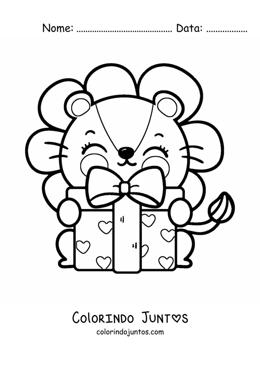 Desenho para colorir de leão kawaii animado com um presente de aniversário