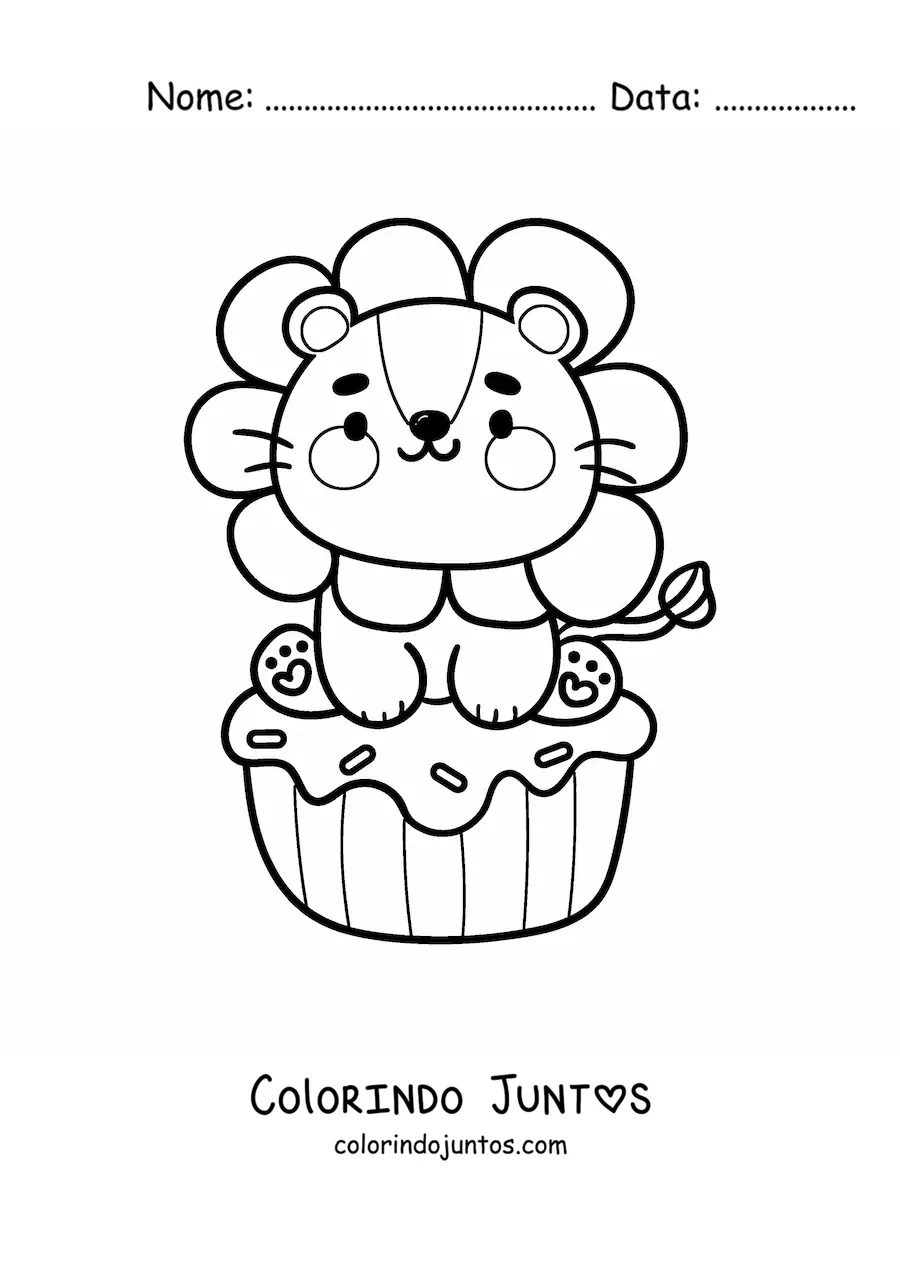 Desenho para colorir de leão fofo animado em um cupcake de aniversário