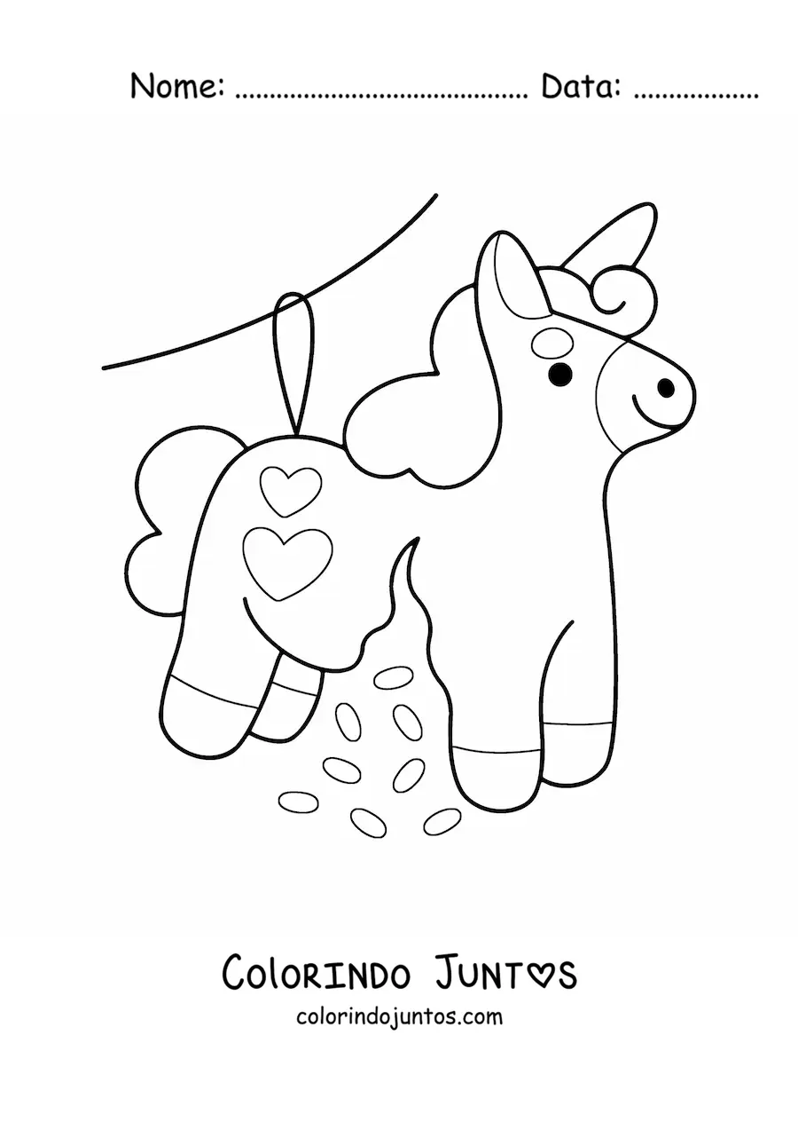 Desenho para colorir de pinhata kawaii de aniversário de unicórnio