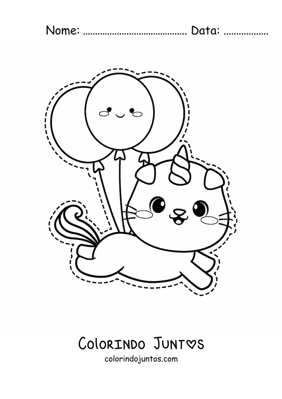 Desenho para colorir de gaticórnio kawaii flutuando com balões de aniversário