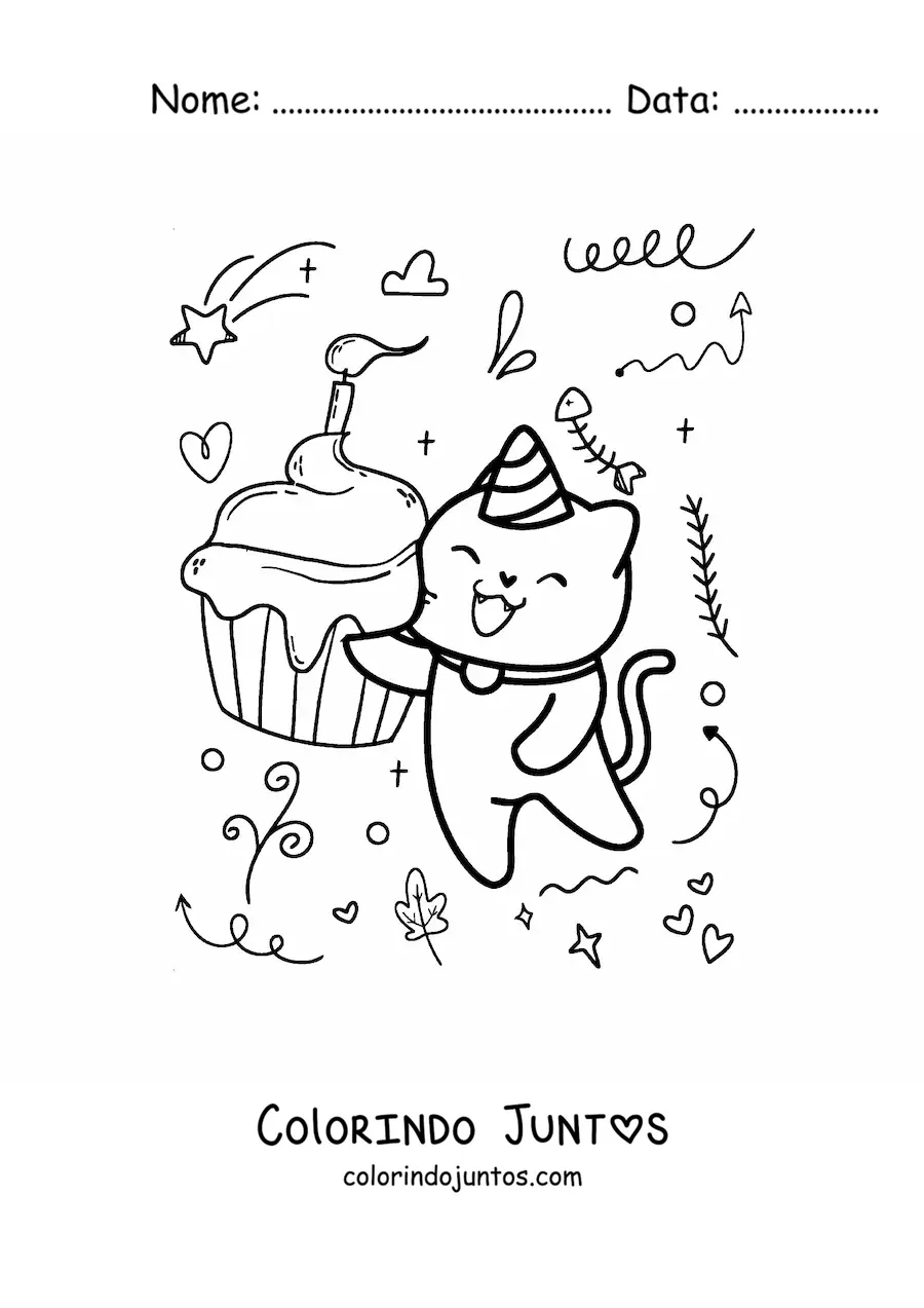 Desenho para colorir de gato aniversariante kawaii com um cupcake em uma festa