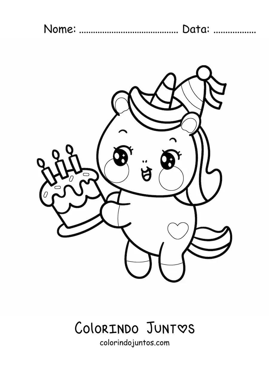 Desenho para colorir de unicórnio aniversariante kawaii com um bolo de aniversário