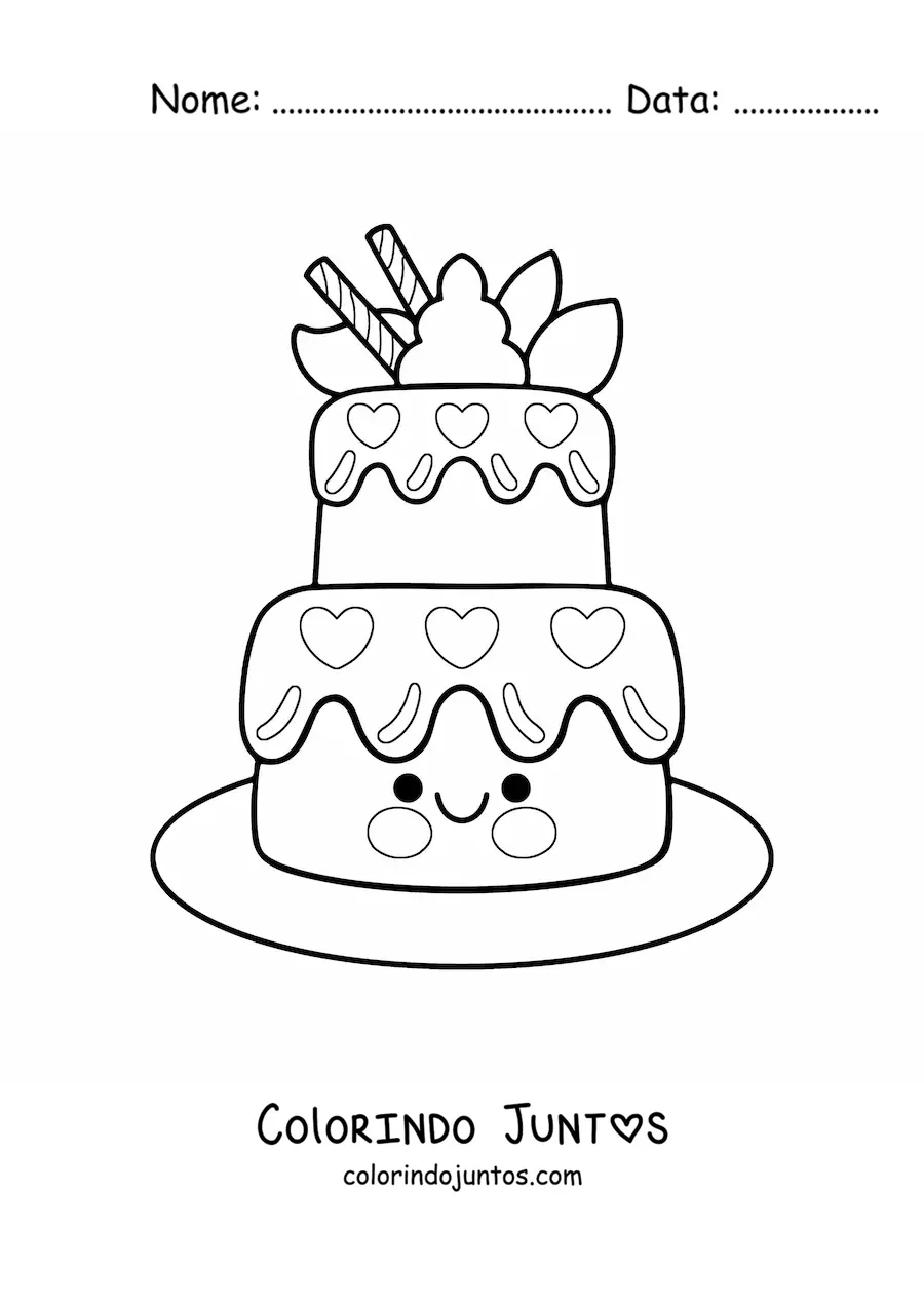 Desenho para colorir de bolo de aniversário kawaii animado
