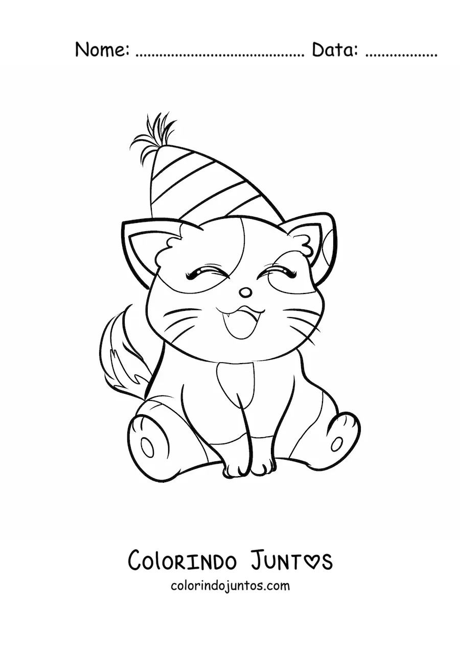 Desenho para colorir de gatinho aniversariante kawaii animado