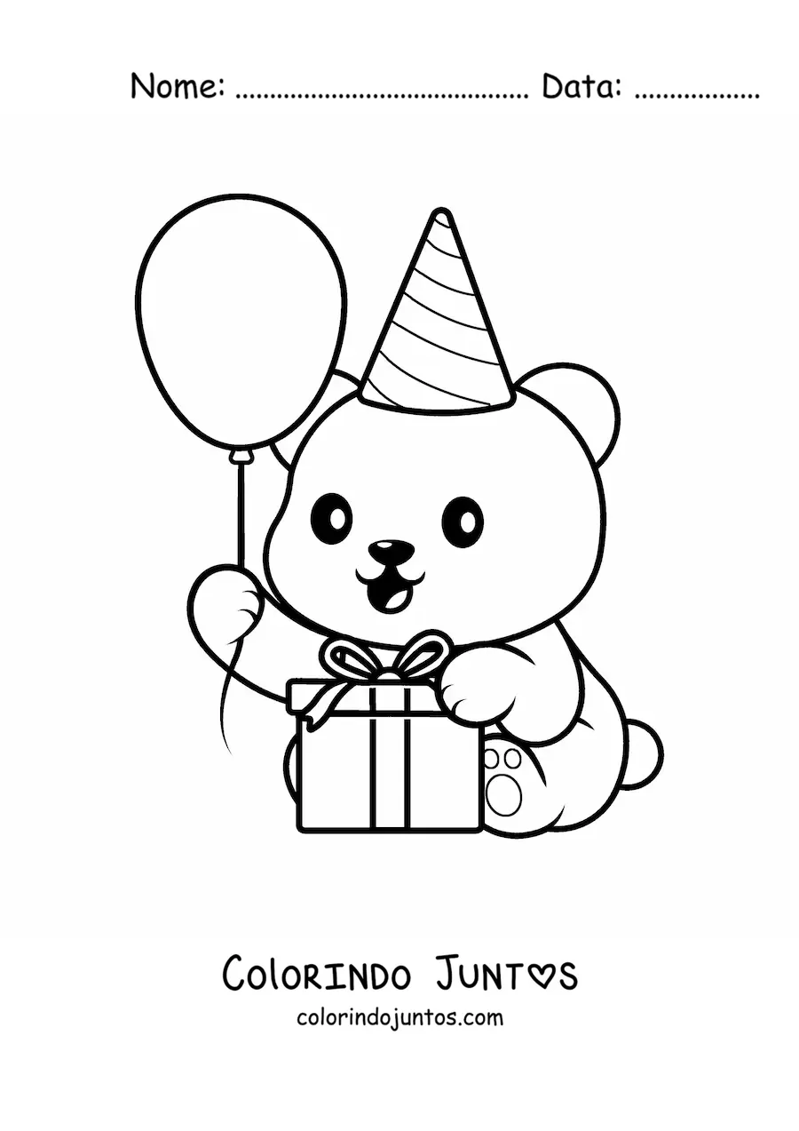 Desenho para colorir de urso aniversariante kawaii com um presente e um balão