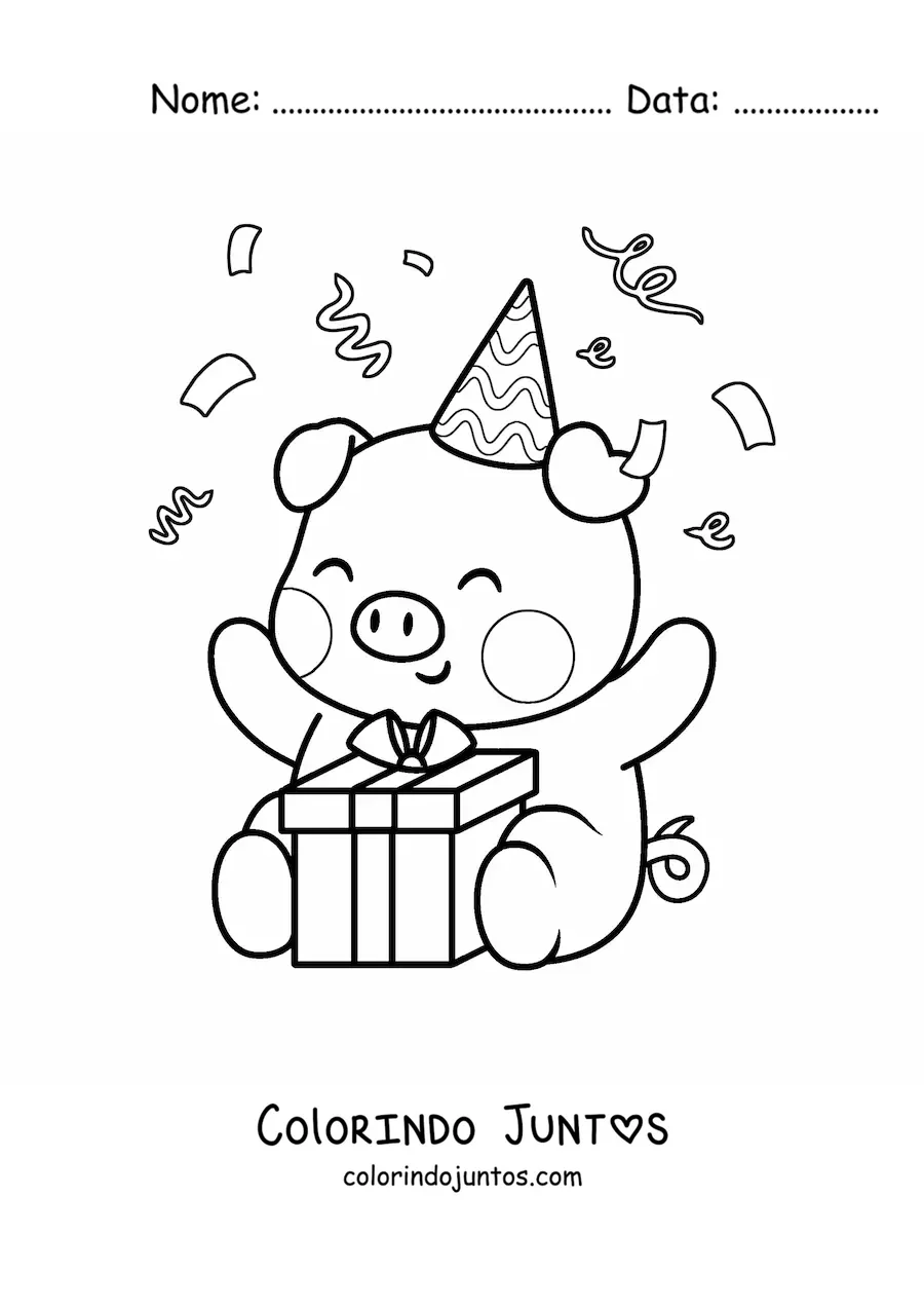 Desenho para colorir de porquinho aniversariante kawaii sentado com um presente e confete