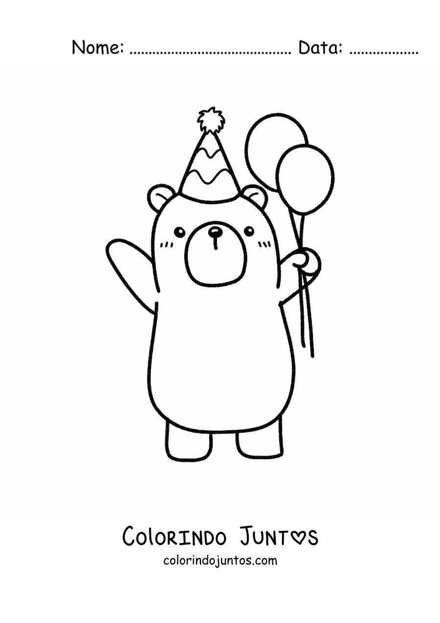 Desenho para colorir de urso kawaii de aniversário com um balão e um chapéu de festa