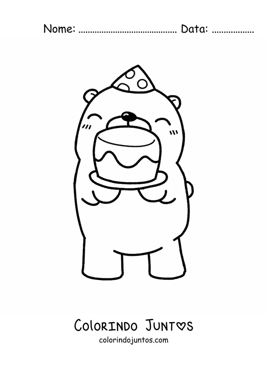 Desenho para colorir de urso kawaii de aniversário com um bolo e um chapéu de festa