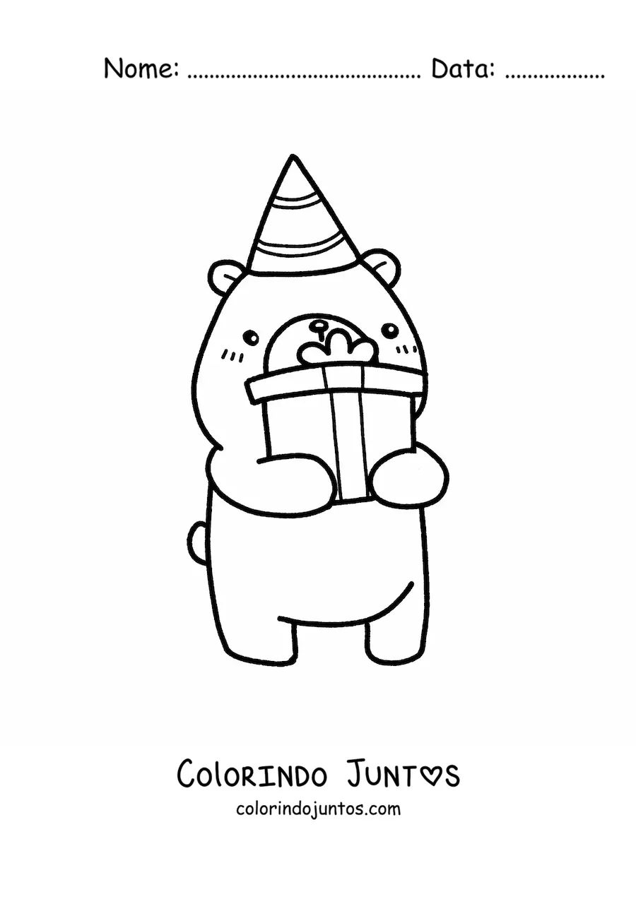 Desenho para colorir de urso kawaii de aniversário com um presente e um chapéu de festa