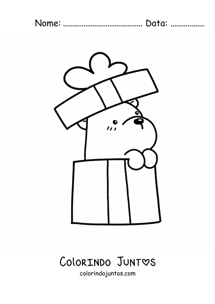 Desenho para colorir de urso kawaii de aniversário saindo de uma caixa de presente