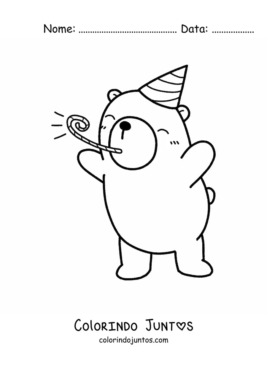 Desenho para colorir de urso kawaii de aniversário comemorando com chapéu de festa e língua de sogra
