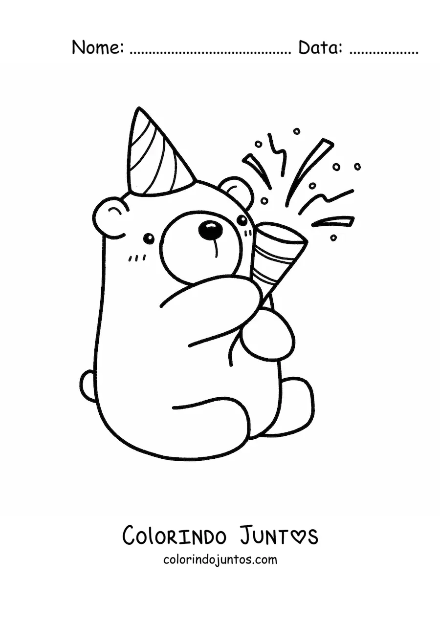 Desenho para colorir de urso kawaii de aniversário sentado com confete