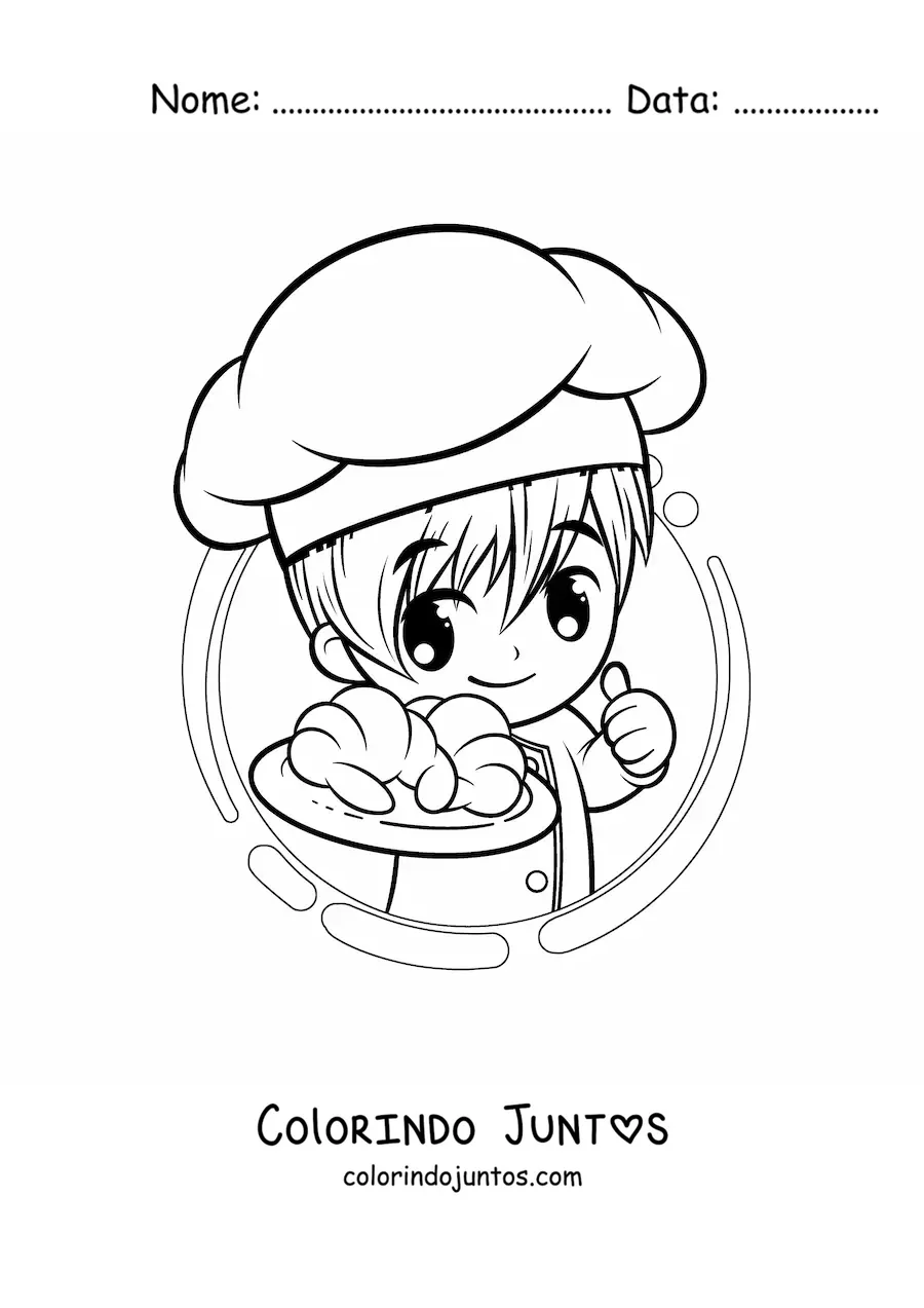 Desenho para colorir de garoto padeiro kawaii com um croissant