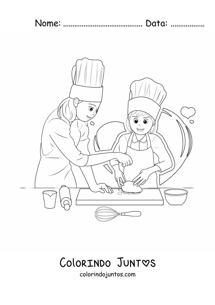 Desenho para colorir de mãe e filha fazendo pão