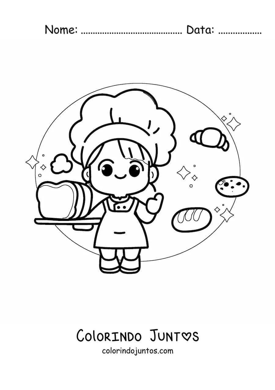 Desenho para colorir de padeira kawaii com um croissant e outros pães
