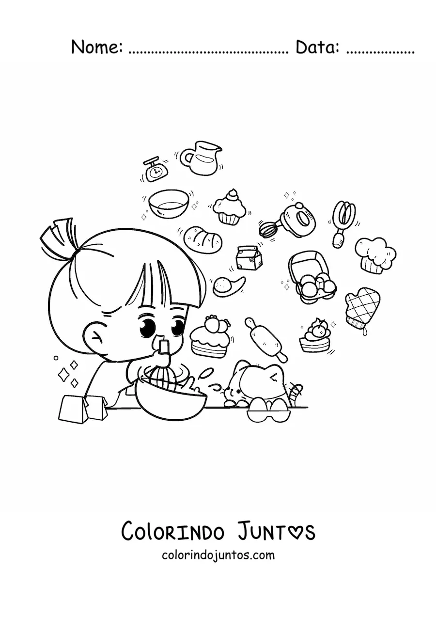 Desenho para colorir de garota kawaii fazendo pão com ingredientes