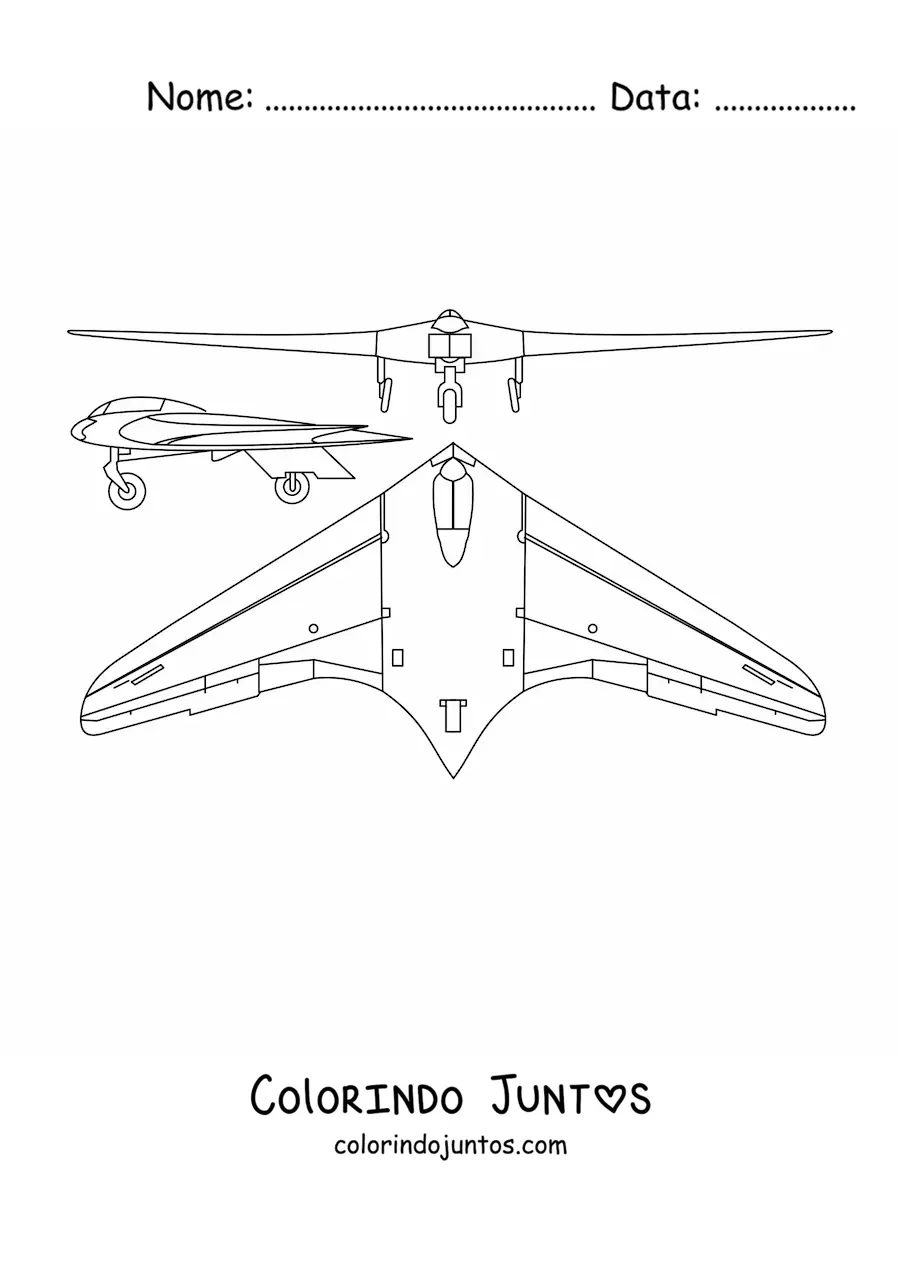 Desenho para colorir de um avião de guerra de frente, visto de cima e de lado
