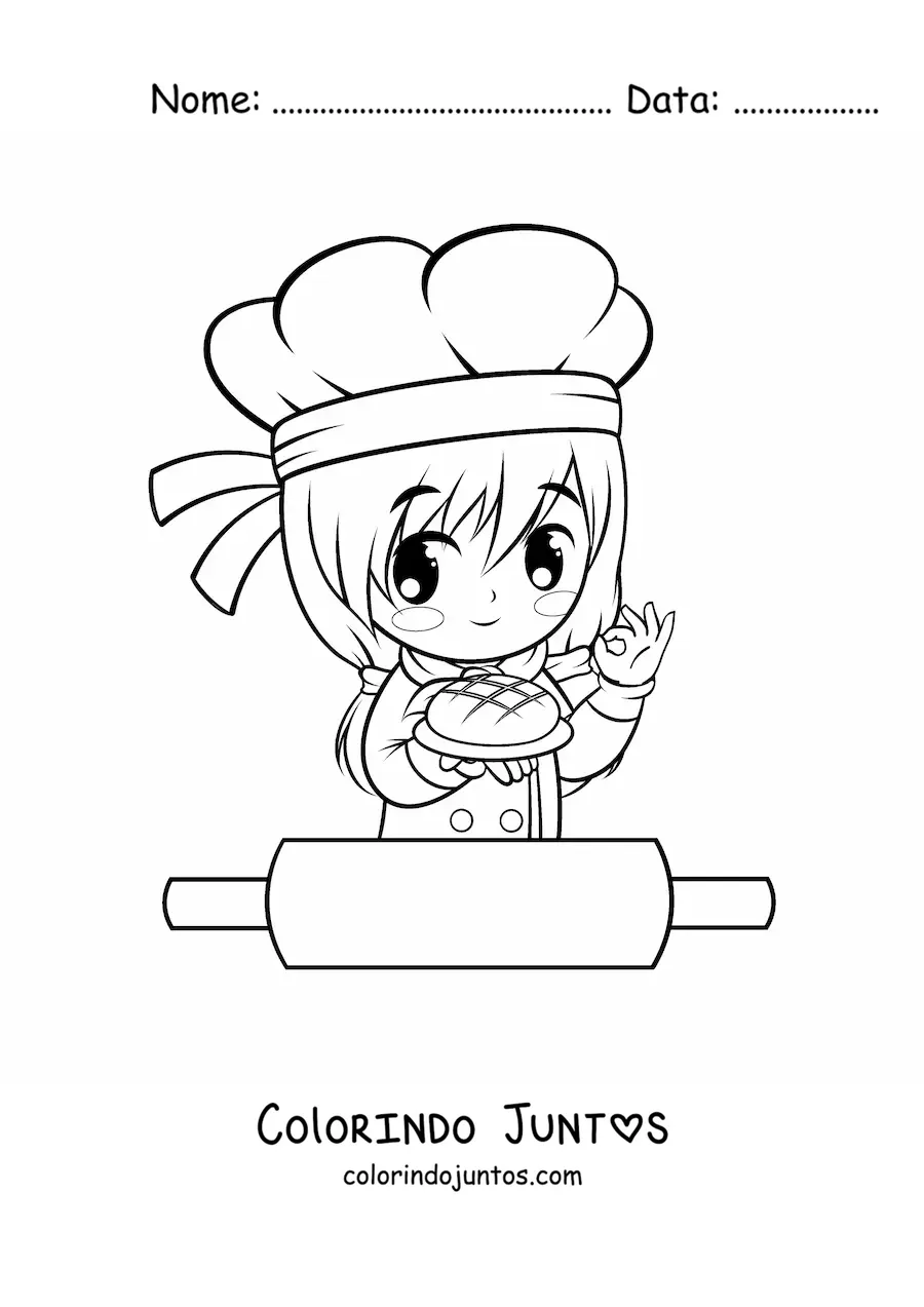 Desenho para colorir de garota padeira kawaii com um rolo de massa
