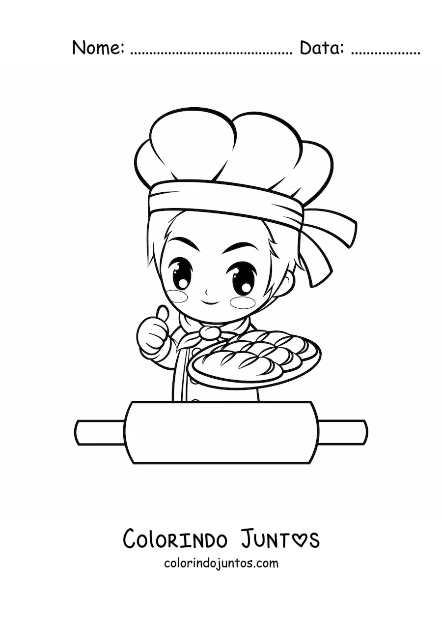 Desenho para colorir de chef padeiro kawaii com um rolo de massa