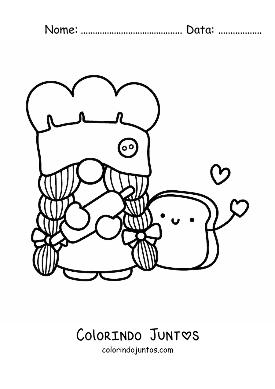 Desenho para colorir de gnomo padeiro kawaii com um rolo de massa