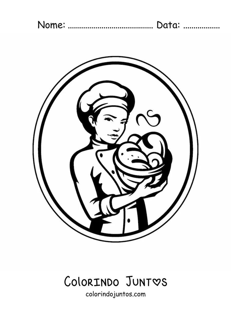 Desenho para colorir de mulher padeira fácil com uma cesta de pães
