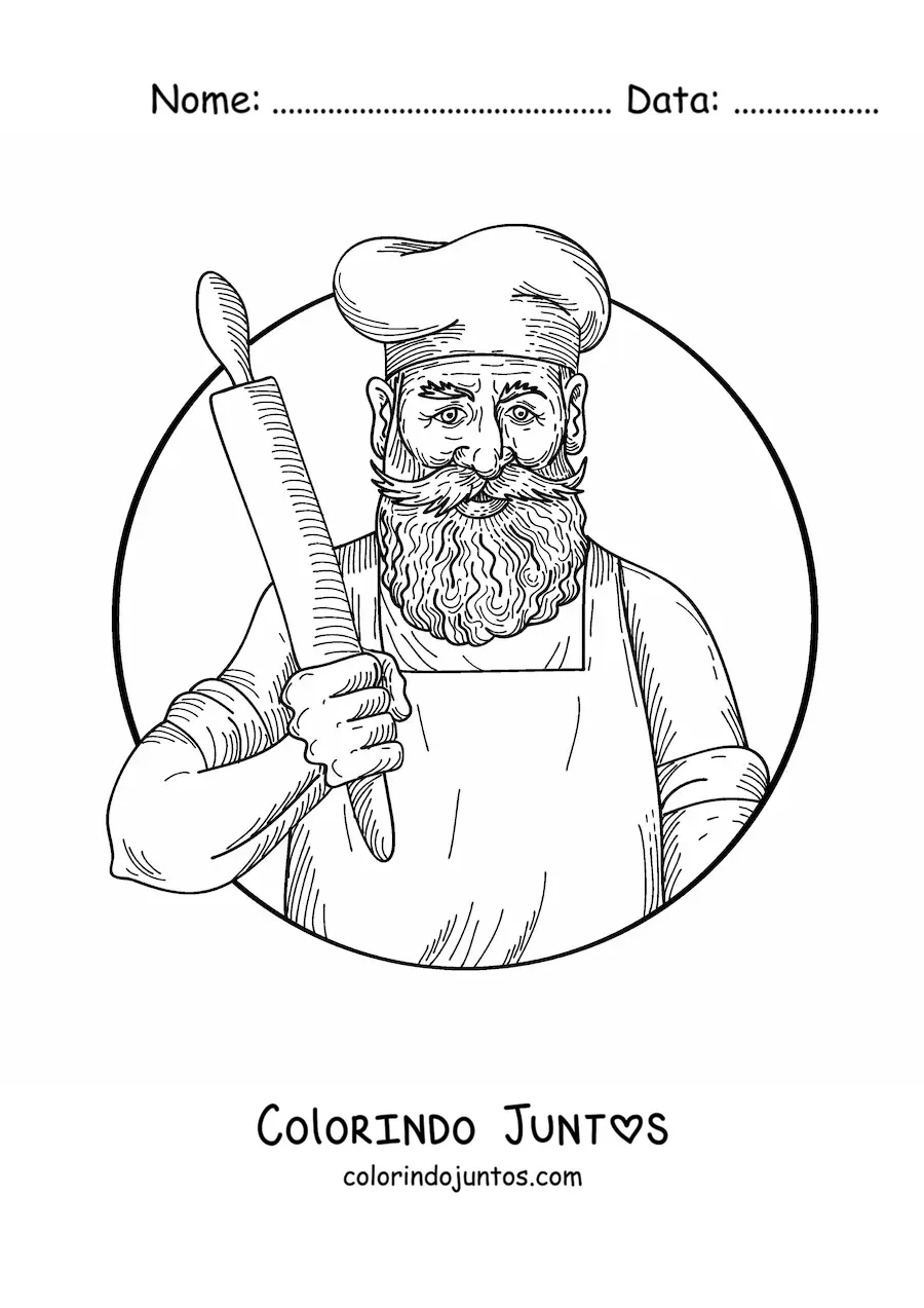 Desenho para colorir de padeiro realista com um rolo de massa