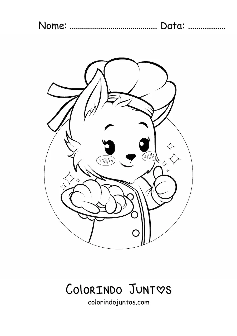 Desenho para colorir de cachorrinho padeiro kawaii estilo anime com um croissant