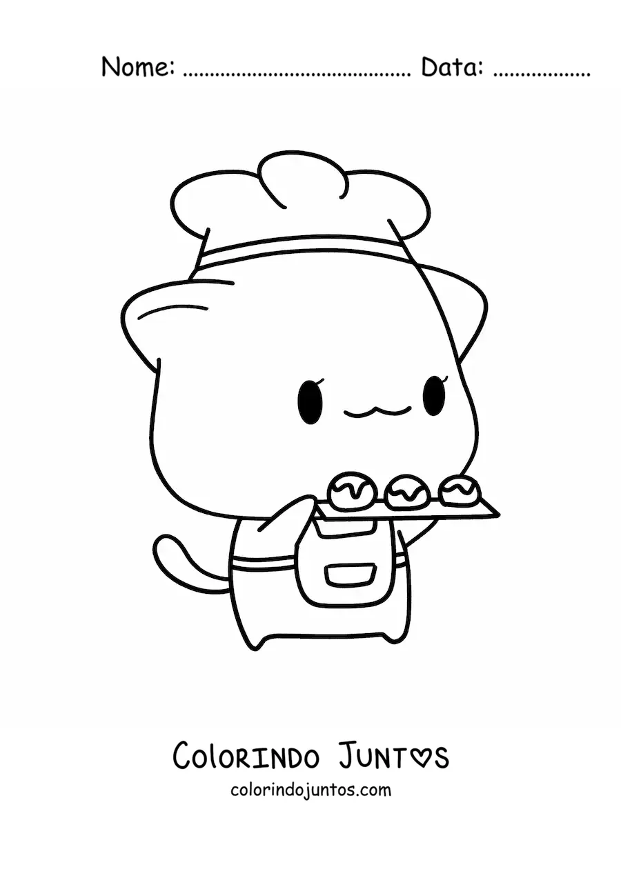 Desenho para colorir de gatinho padeiro kawaii estilo anime com uma bandeja de sobremesas