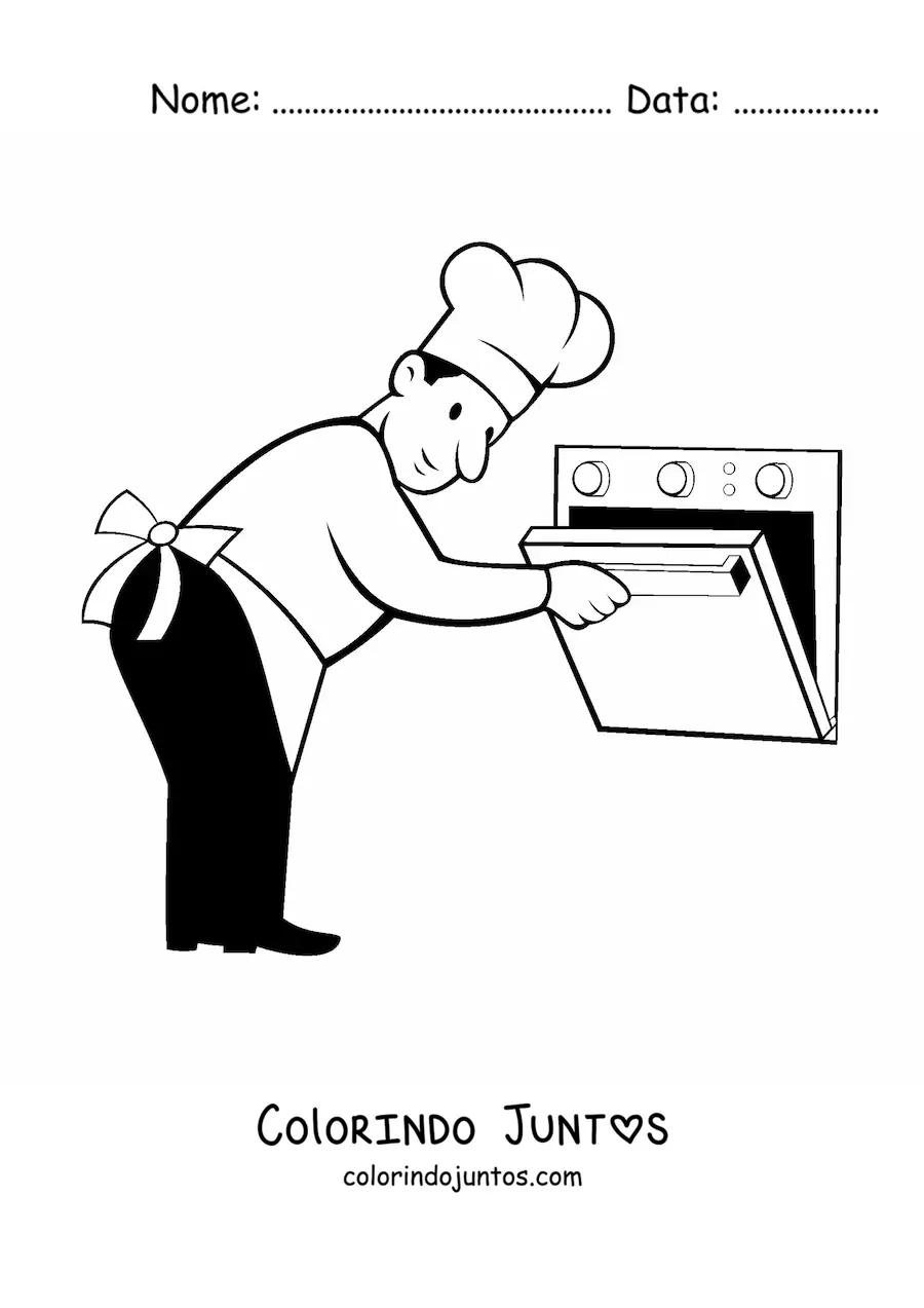 Desenho para colorir de chef padeiro abrindo o forno