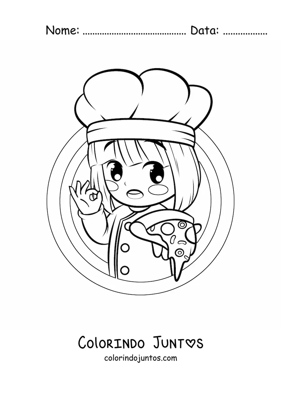 Desenho para colorir de menina cozinheira kawaii com uma pizza