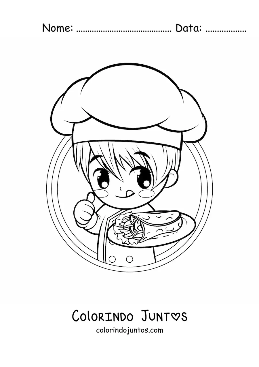 Desenho para colorir de menino cozinheiro kawaii com um taco