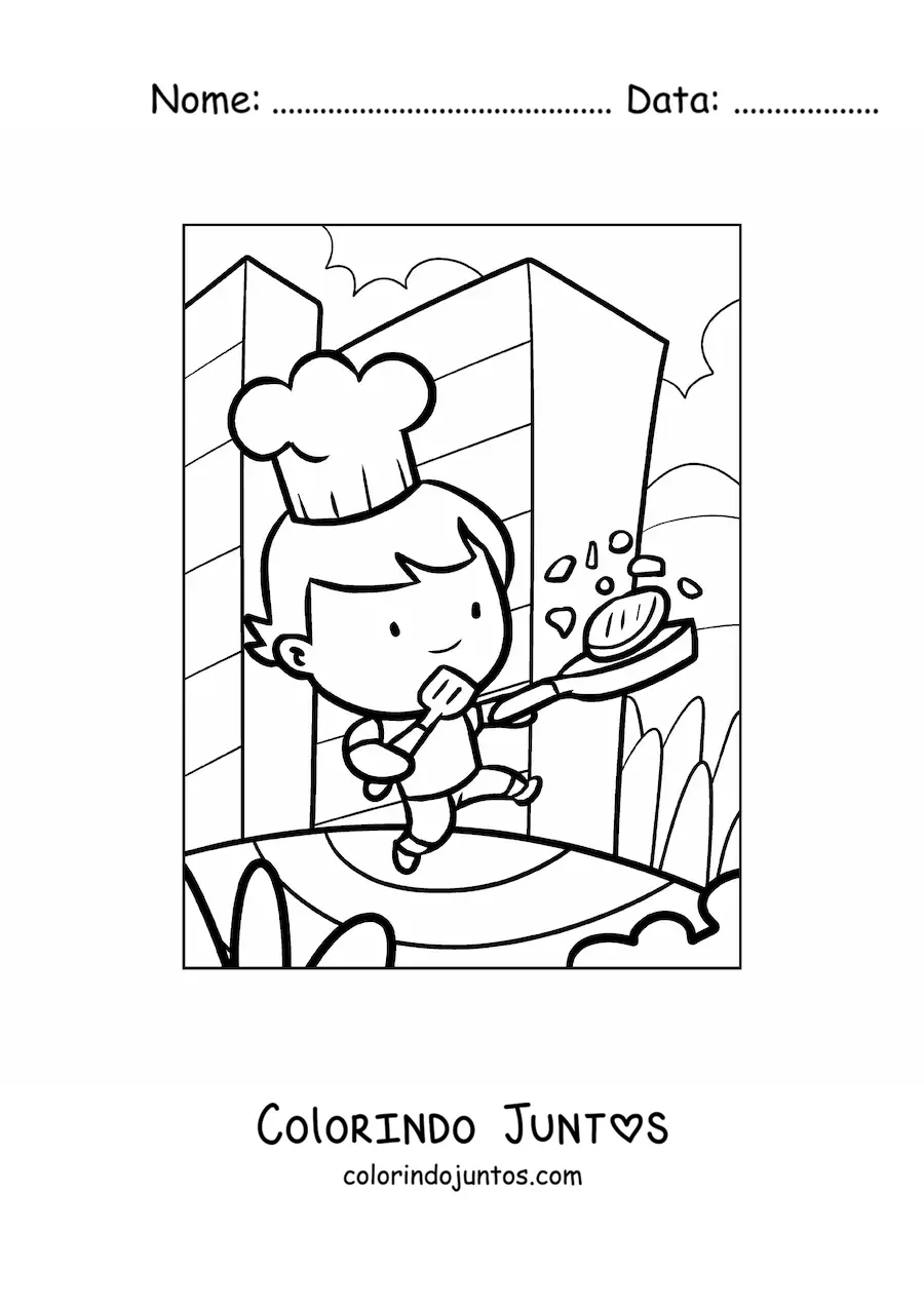 Desenho para colorir de um menino cozinheiro cozinhando