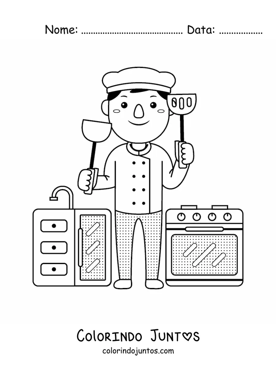 Desenho para colorir de cozinheiro kawaii animado na cozinha