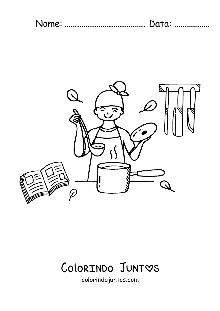 Desenho para colorir de menina cozinhando uma sopa na cozinha