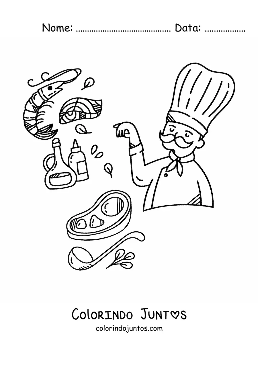 Desenho para colorir de chef cozinhando carne com ingredientes