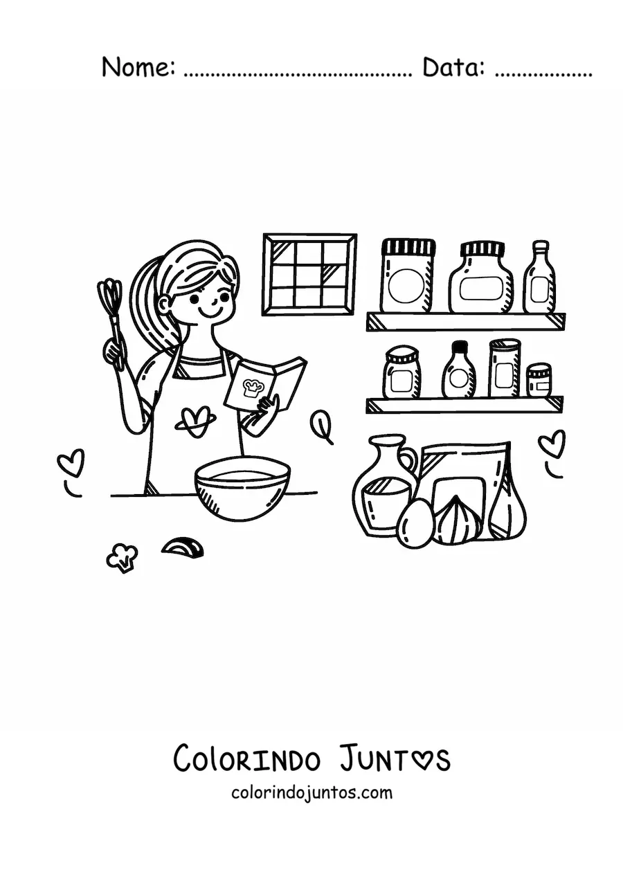 Desenho para colorir de menina cozinhando uma sopa na cozinha com livro de receitas