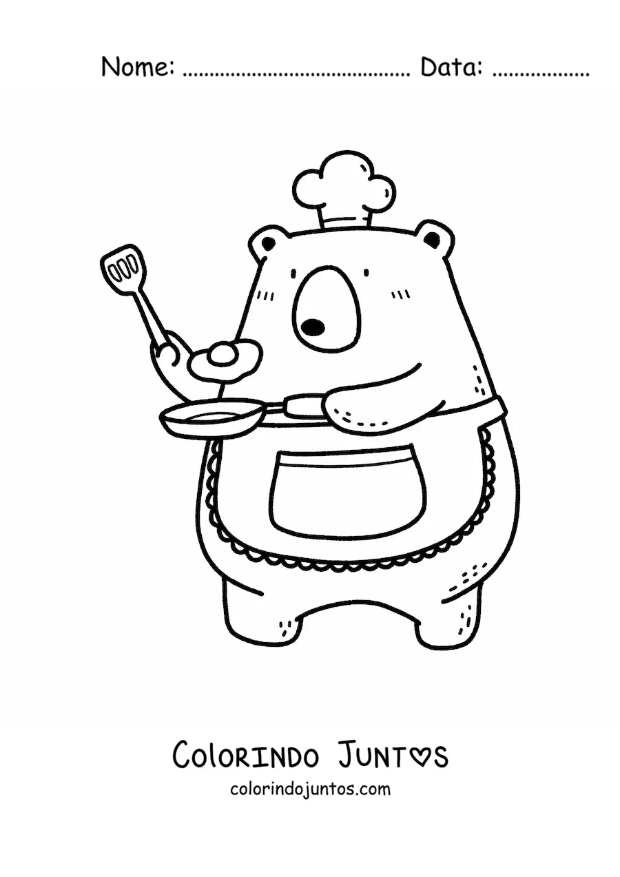 Desenho para colorir de urso cozinheiro kawaii animado fritando um ovo